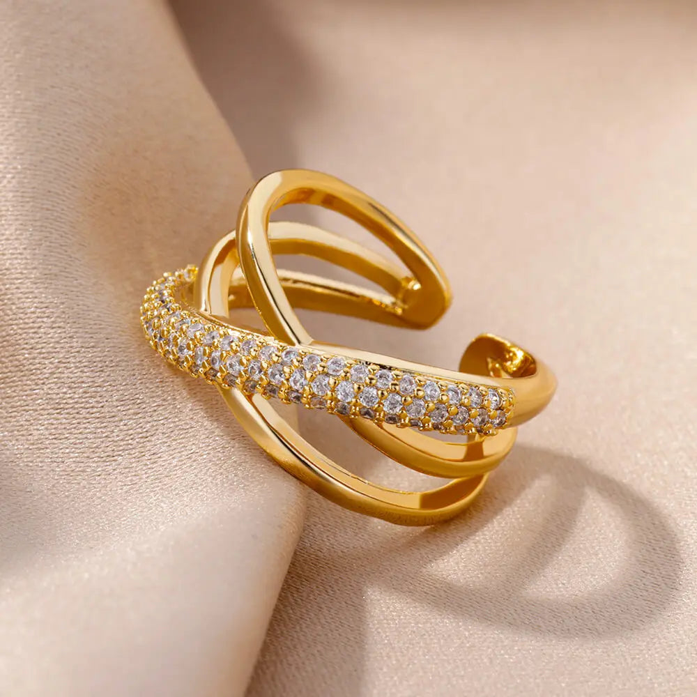 Fashion Gold Color Stainless Steel Rings For Women Chain Hollow Out Crystal Zircon Finger Ring Jewelry 2023 Gift anillos mujer Streetsharks