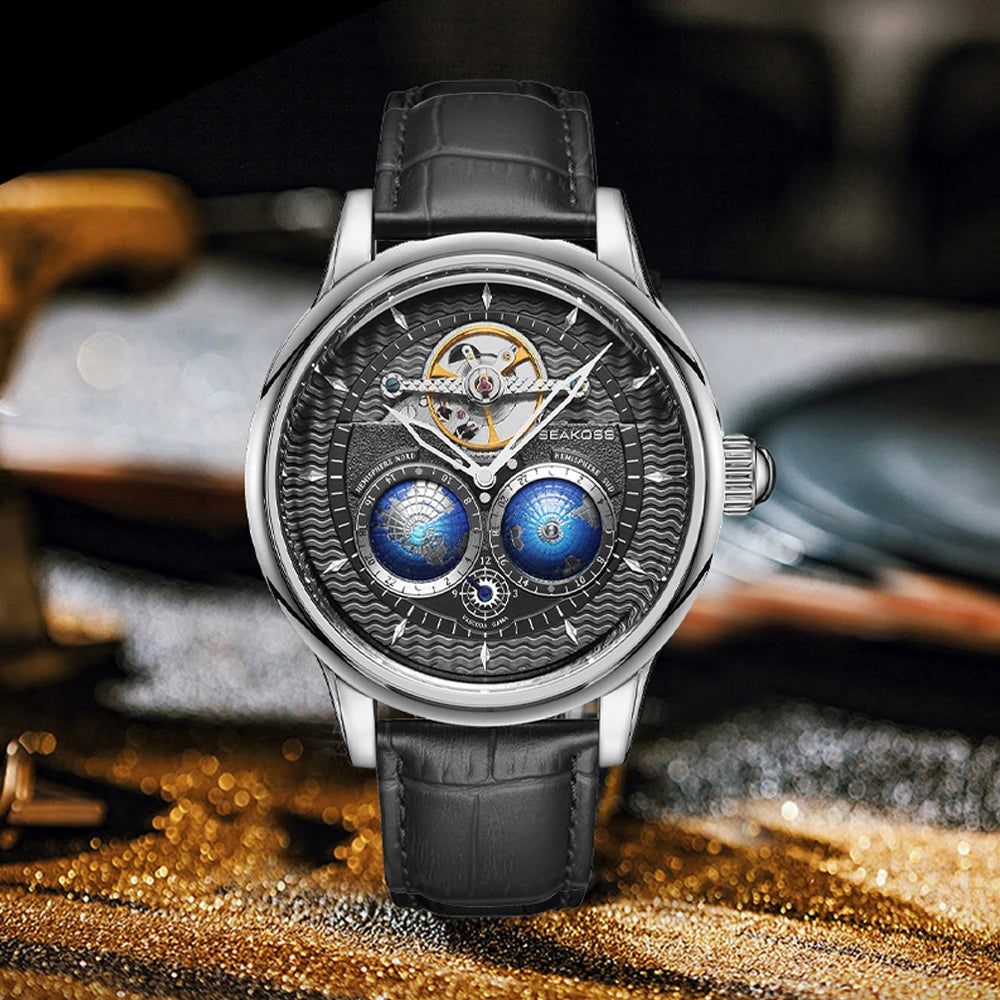 SEAKOSS Male Dual Earth Rotating Mechanical Men's Watch Automatic Movement Waterproof Clock Pilots 1963 Flywheel Wristwatches