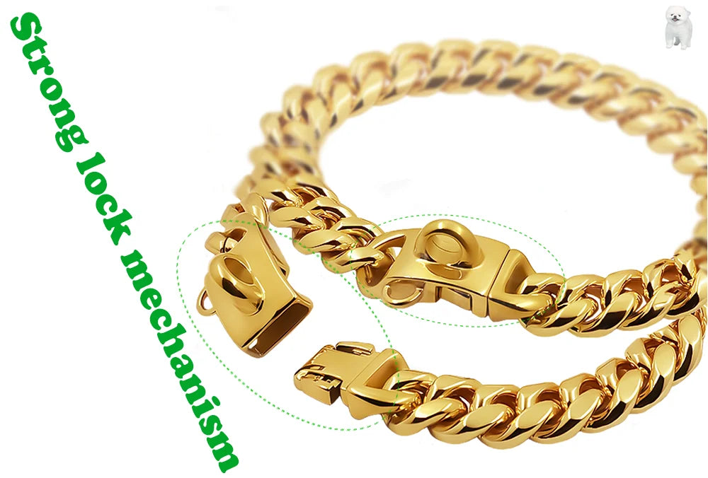 Metal Dog Collar Stainless Steel Pet Choker Gold Cuban Link Chain 14mm Wide Lead for Small Medium Large Dogs Pet Accessories luxecrown.co.uk