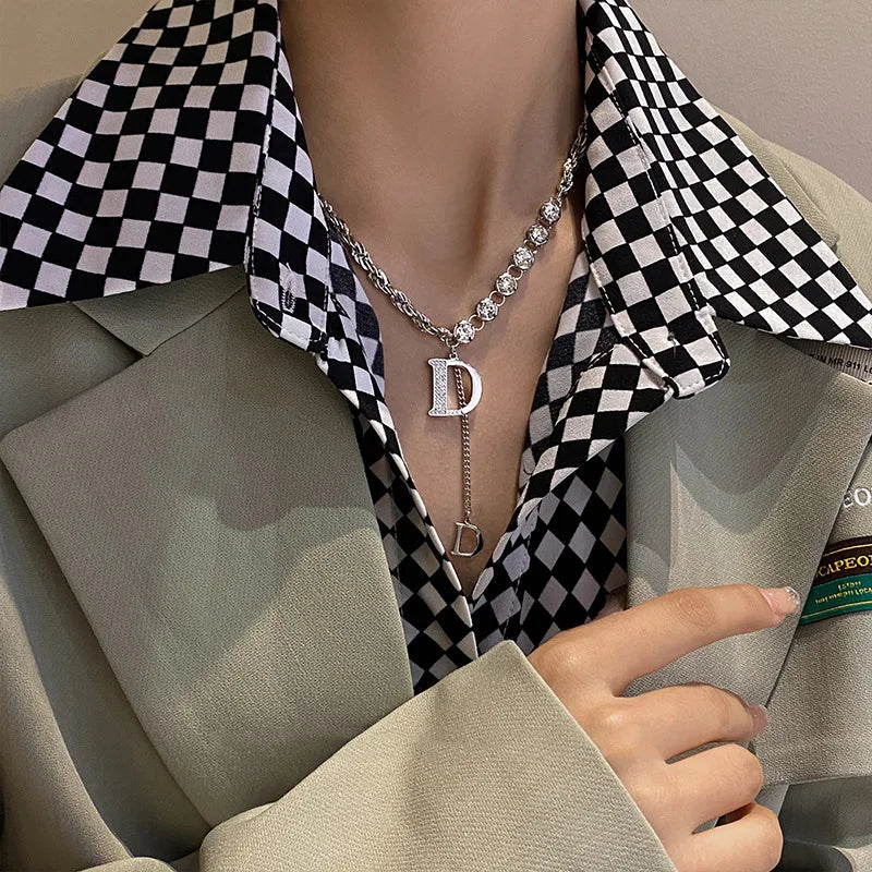 2024 New Luxury Zircon Letter D Pendant Necklace for Women Girls Sparkling Rhinestone Tassel Sweater Chain Necklace Jewelry Gift Streetsharks