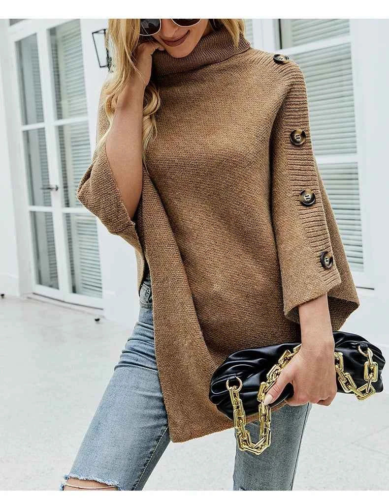 2025 Autumn Winter Shawl Cloak Sweater Solid Color Turtleneck Oversized Cape Coat Female Ponchos Pullover Knitted Bat Sleeve Top