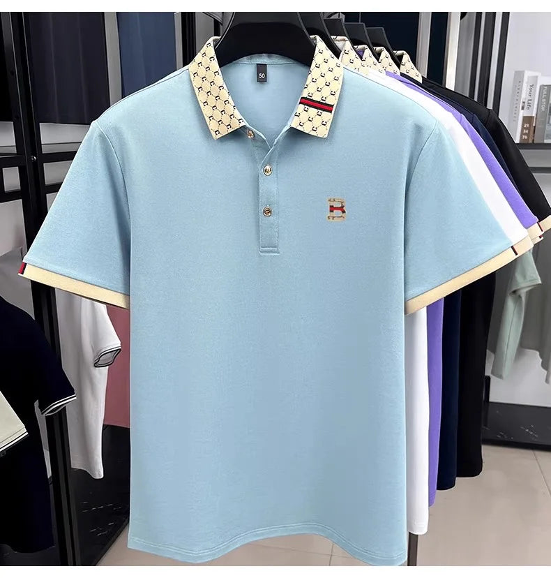 Luxury brand B letter embossed short sleeve polo shirt men summer lightweight breathable new fashion color blocked lapel T-shirt luxecrown.co.uk