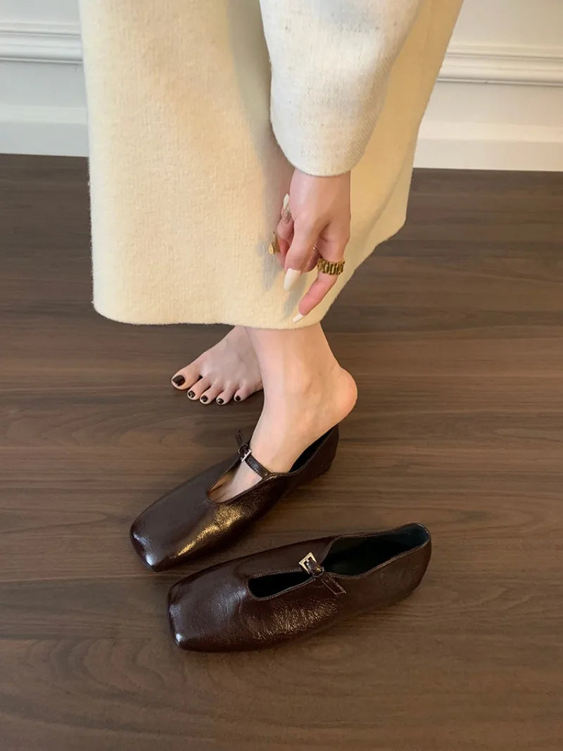 2025 Lightweight Summer French Retro Genuine Leather Shoes Minimalist Elegant Square Toe Flat Shoes Loafers Shoes Women luxecrown.co.uk
