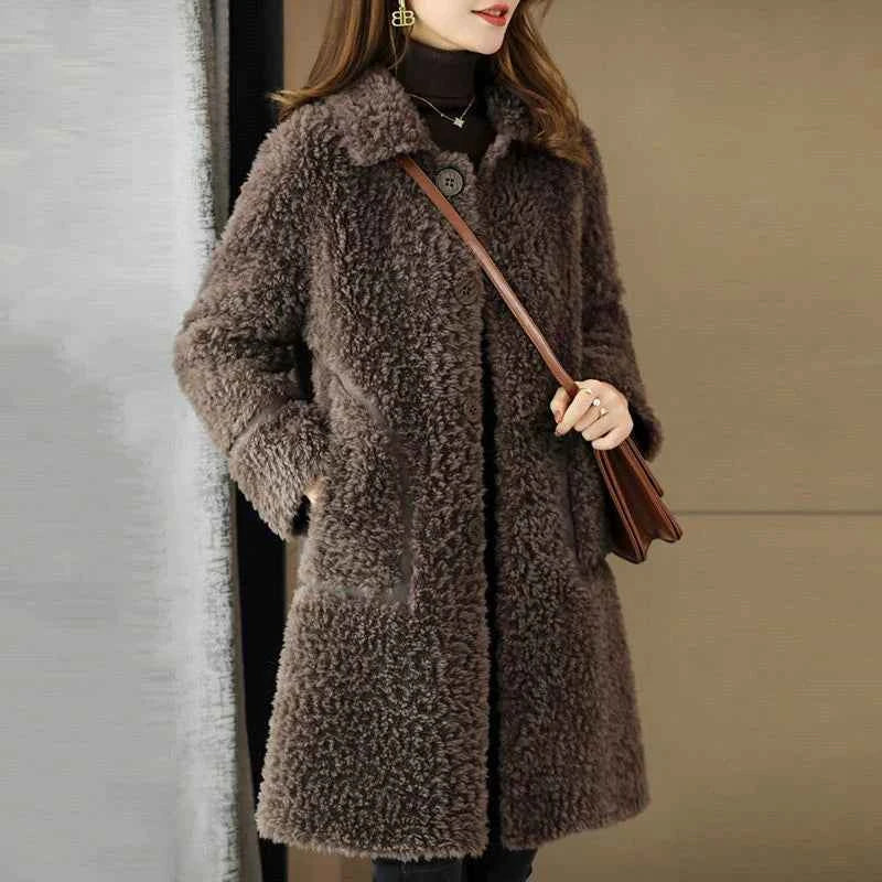 Female Winter Slim Grain Wool Middle Long Coat Women New Middle-Aged And Elderly Cashmere Thickened Imitation Lamb Wool Overcoat
