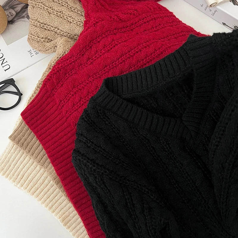 2026 New Autumn Winter Loose Casual Knitwear V-neck Long Sleeve Knitted Sweaters Twist Hollow Out Crochet Short Pullover Tops