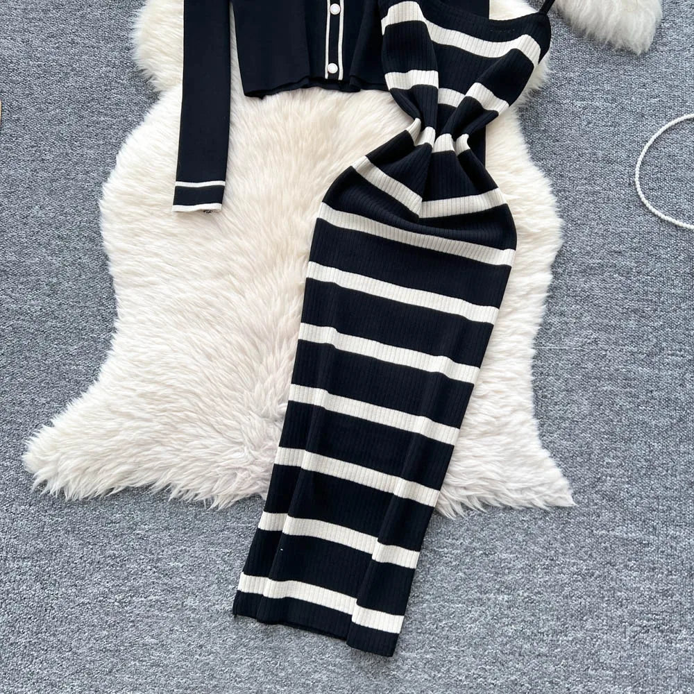 New Fashion Autumn Knitted Suits Long Sleeve V Neck Buttons Top+Stripe Strap Bodycon Dress Elegant OL Women Two Piece Sets