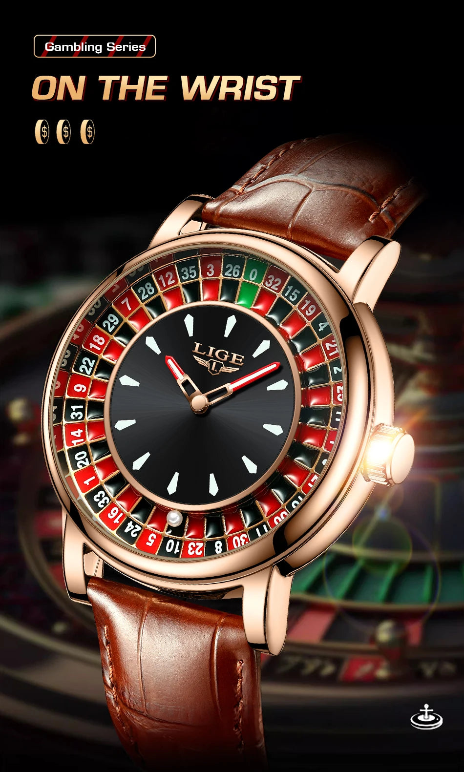 LIGE Fashion Brown Leather Men Watch Rotating Dial Las Vegas Roulette Desktop Theme Watch Men Waterproof Luminous Clock Watches