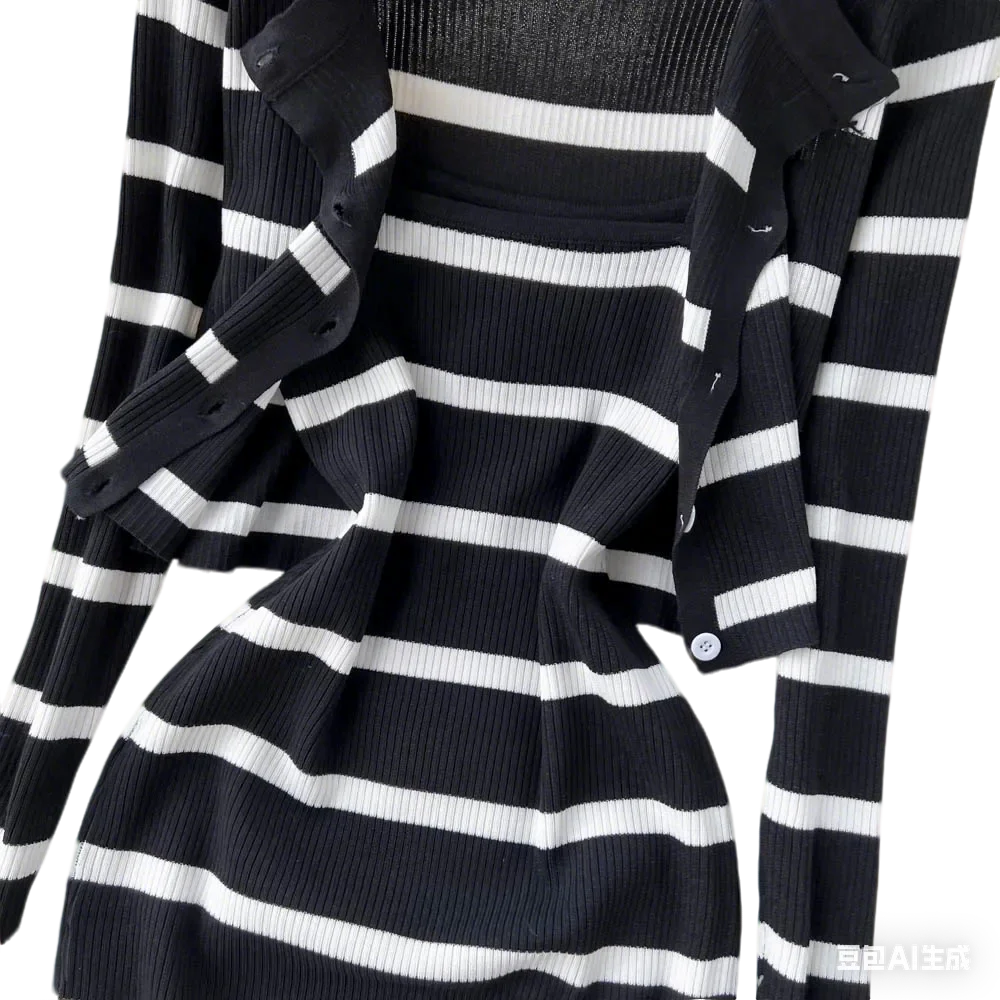 Women's 2-Piece Knit Outfit Long Sleeve Cardigan+Striped Dress Set Black White Bodycon Casual Office Party Matching Dress Set