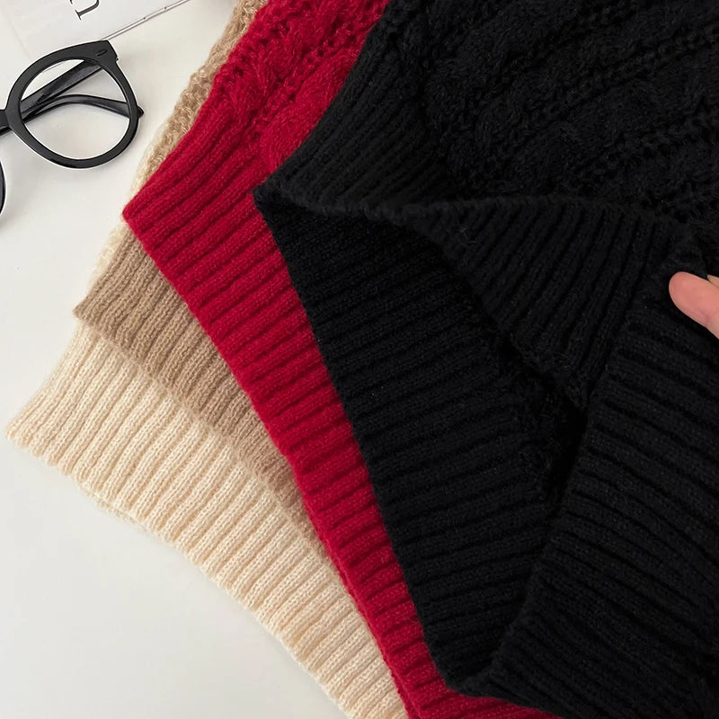 2026 New Autumn Winter Loose Casual Knitwear V-neck Long Sleeve Knitted Sweaters Twist Hollow Out Crochet Short Pullover Tops