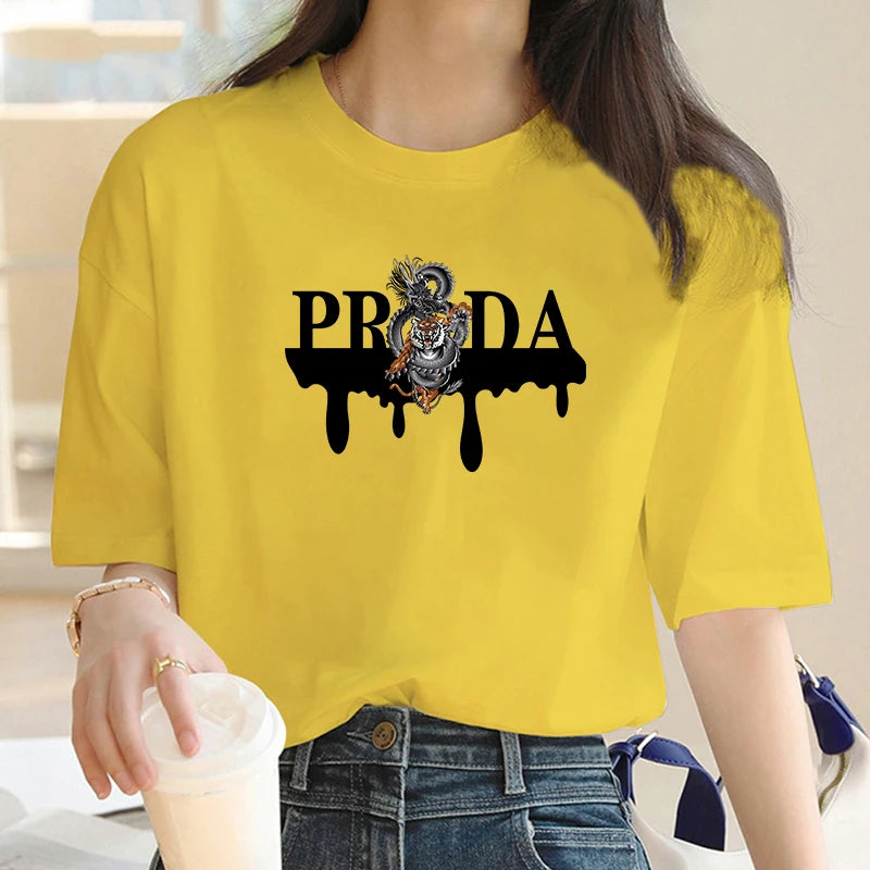 Luxury Brand Fashion Dragon and Tiger Pattern Printed Crew Neck Clothing Short Sleeve T-Shirt Trend Women's Summer Y2K Top Streetsharks