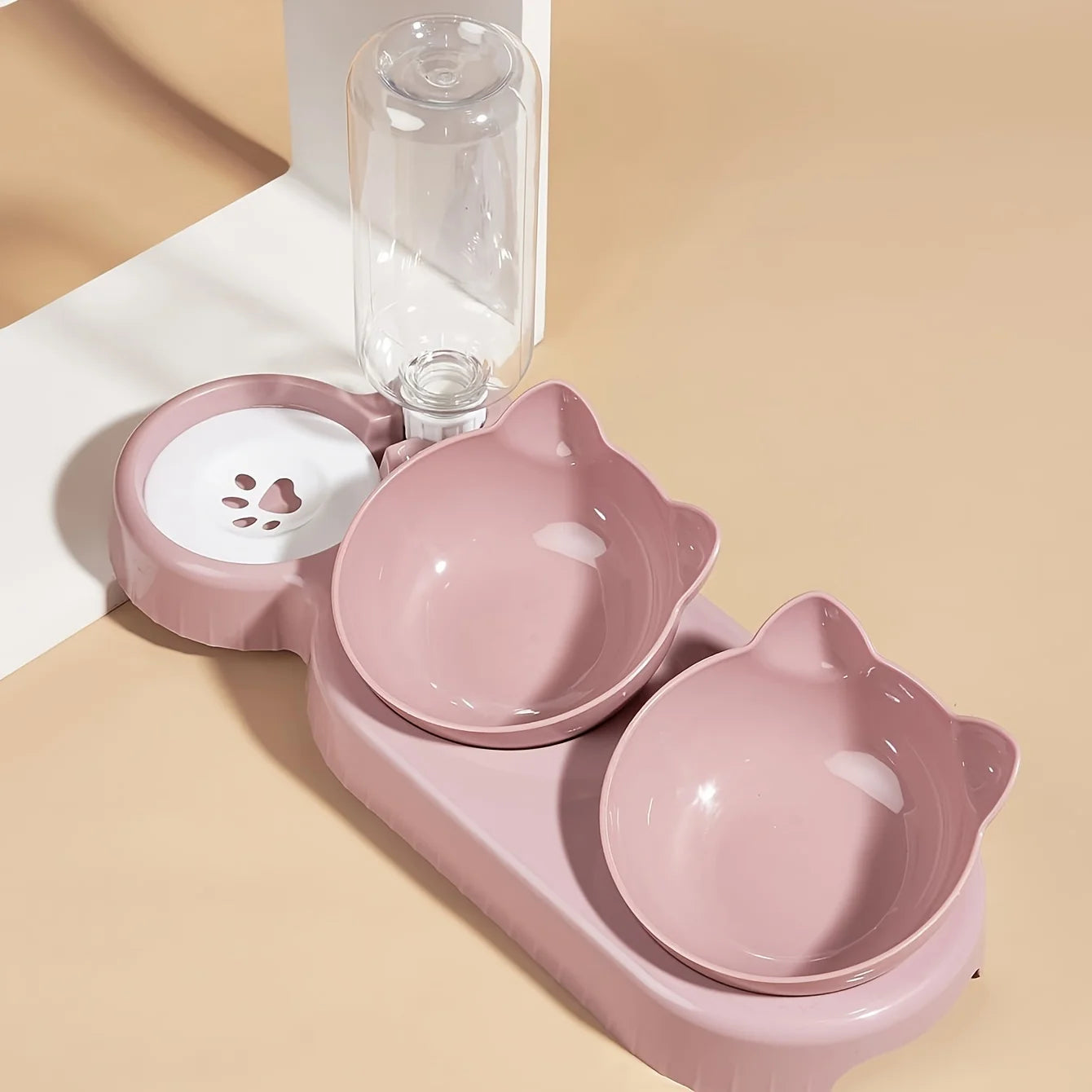 Pet Bowls With Water Feeder, 3 In 1 Ear Design Tilted Cat Water And Food Bowl Set With Gravity Water Bottle For Neck Protection luxecrown.co.uk