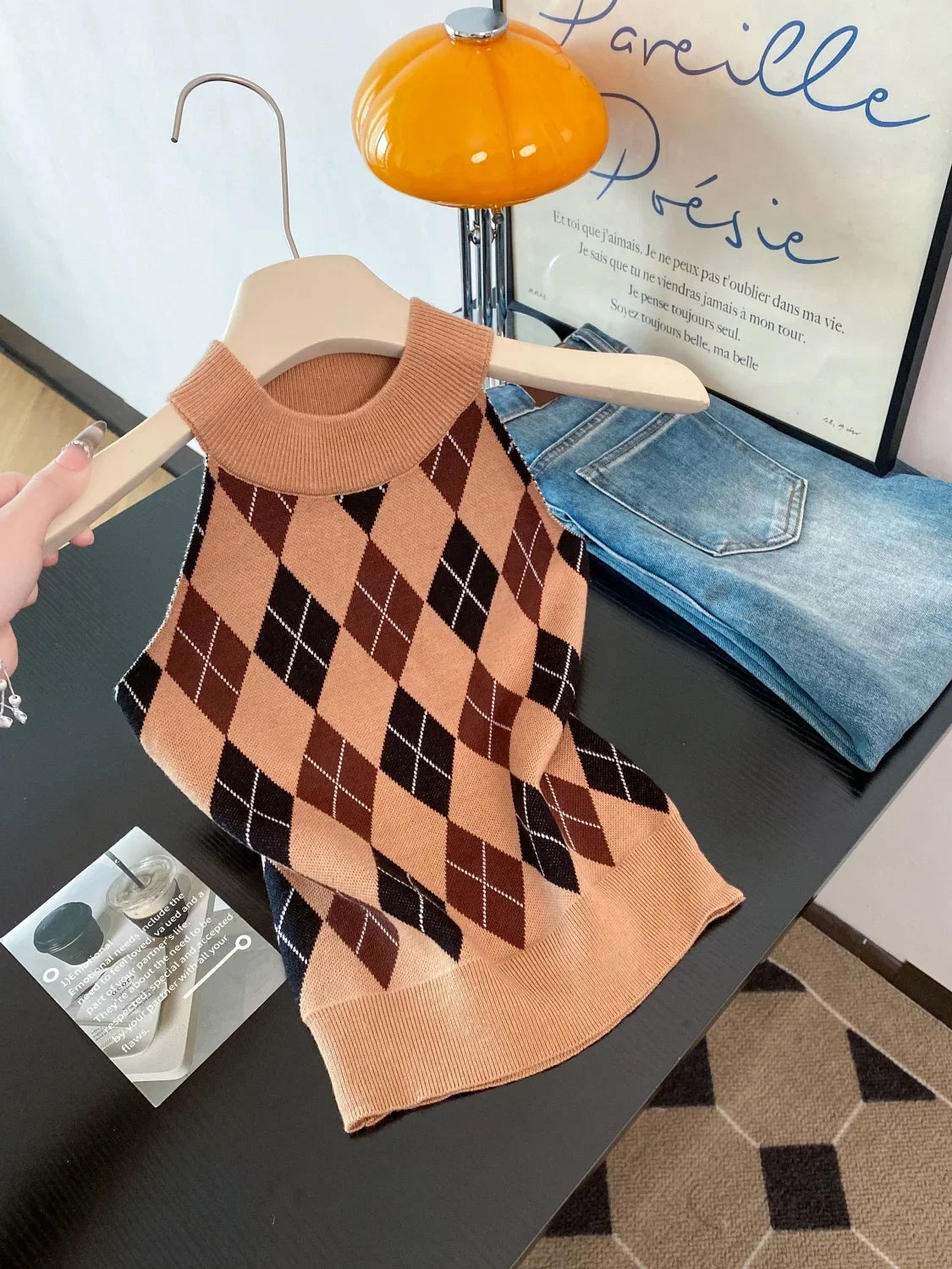 Women's Vintage Plaid Sweater Vest Ulzzang Style Knitted Preppy Soft Crew Neck Loose Top Fit Streetwear Camisole for Girls