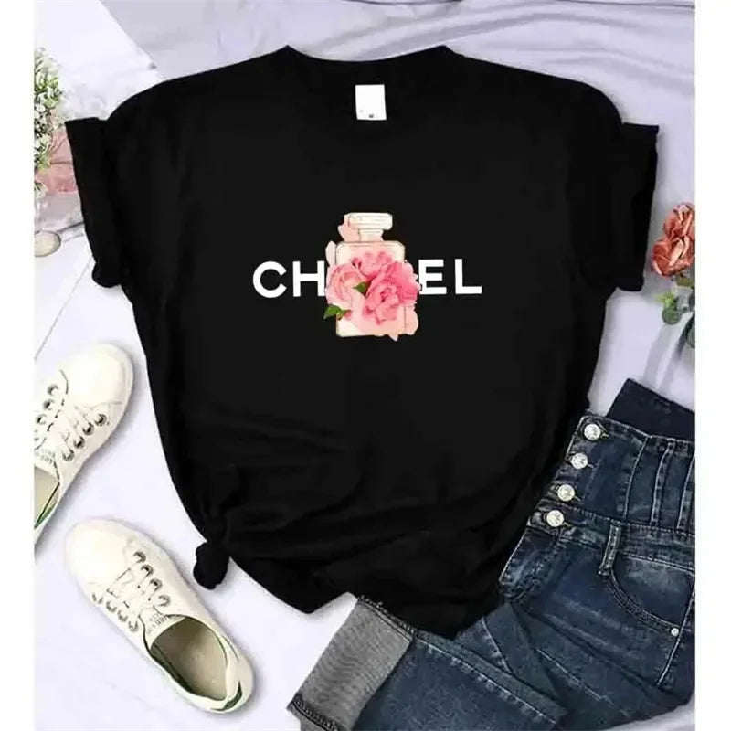 Luxury Fashion Brand Printed Women's Summer T-Shirt Alphabet Flower Perfume Shirt Pattern T-Shirt High Quality Short Sleeve Top Streetsharks