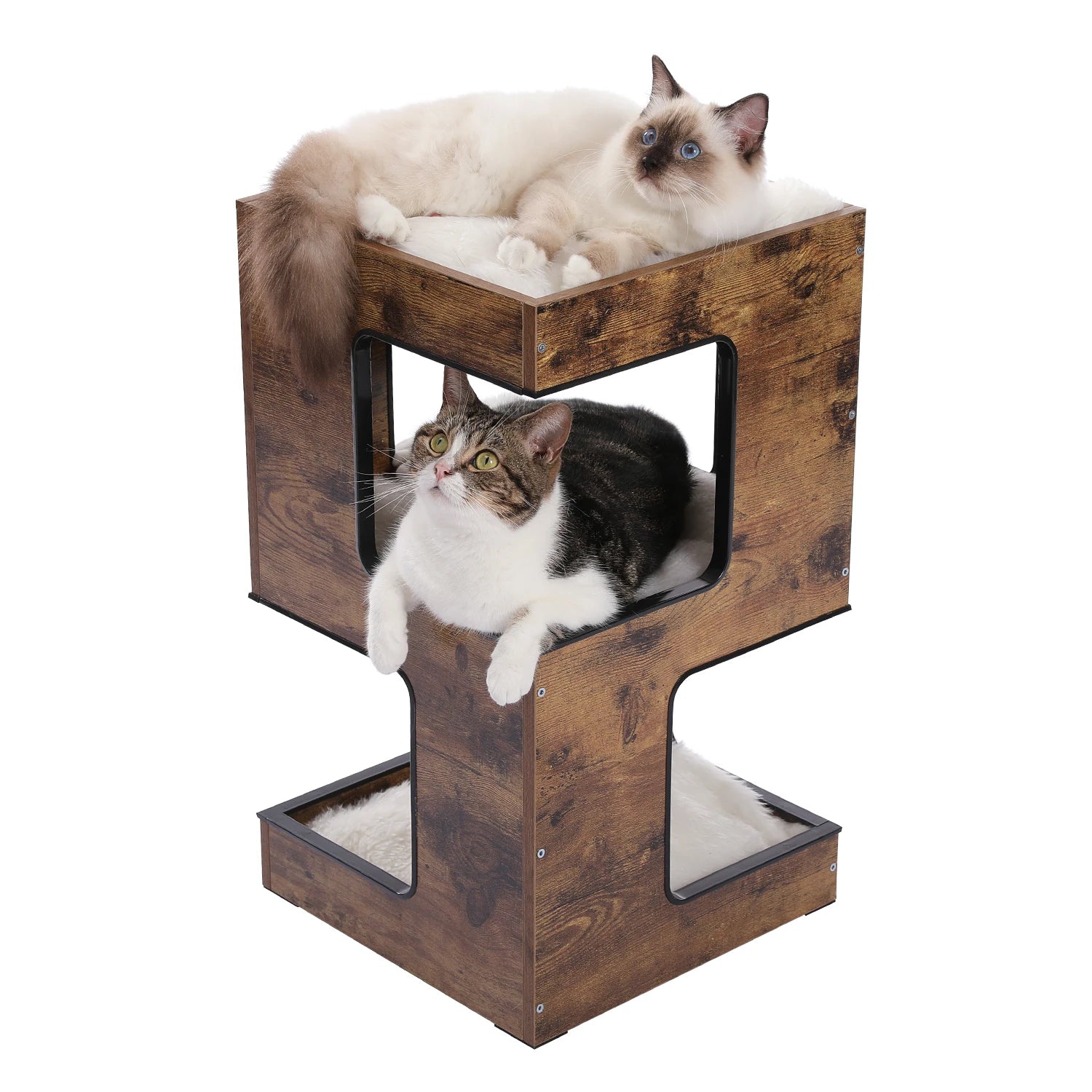 Wood Cat Condo House Bed with Removable Soft Mats Modern Cat Tree Tower with Scratching Pad Cat Scratcher Furniture Kitten Toys luxecrown.co.uk