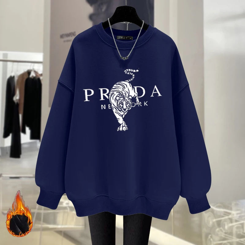 Luxury Brand Tiger Print Spring Autumn and Winter Fashion Loose Round Neck Pullover Sweater Women's Velvet Thicker Streetsharks