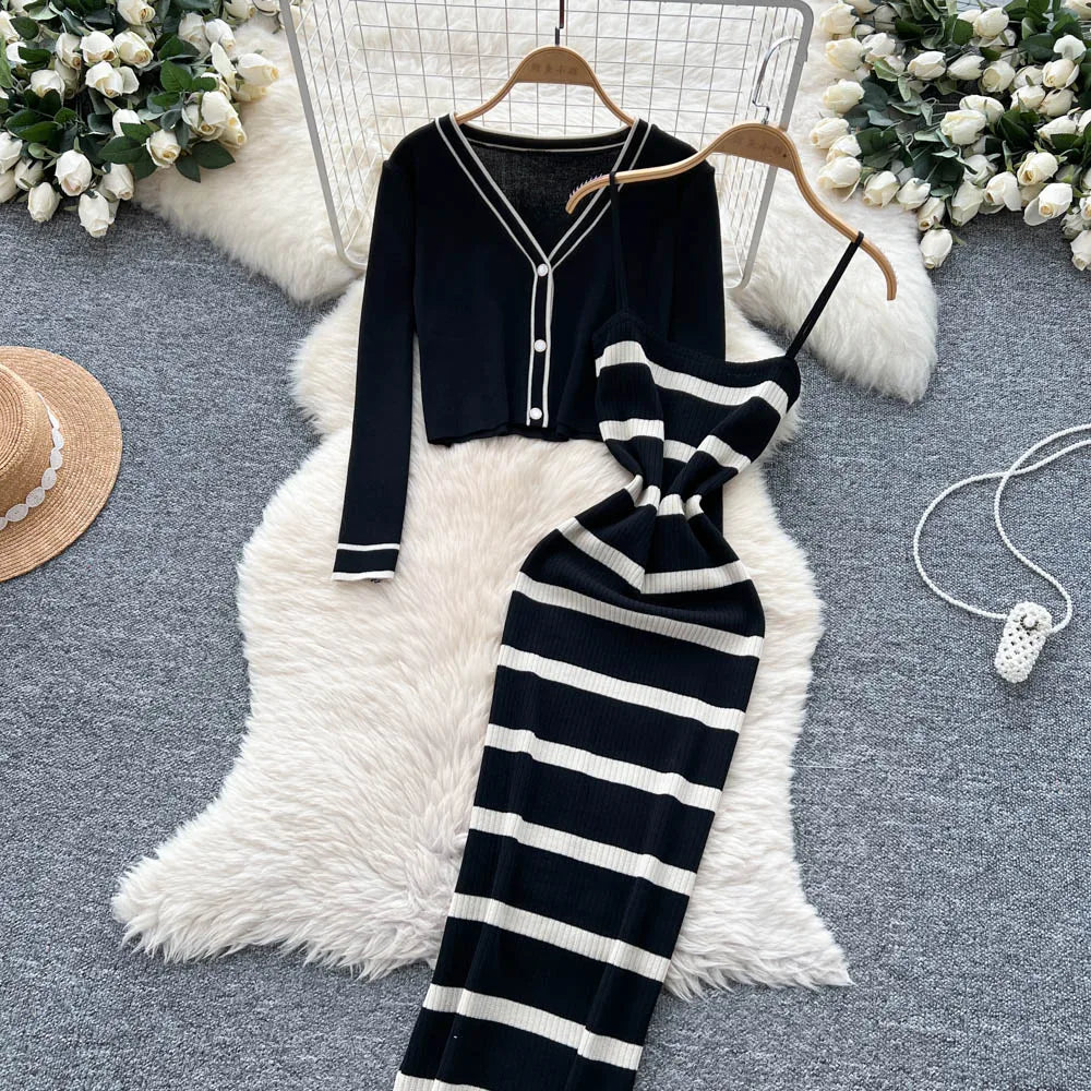 New Fashion Autumn Knitted Suits Long Sleeve V Neck Buttons Top+Stripe Strap Bodycon Dress Elegant OL Women Two Piece Sets