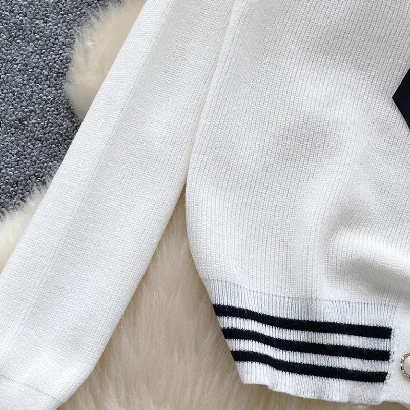 Women Autumn Winter Full Sleeve Sweater Korean Style Bow  Sailor Collar  Knitted Cardigan Fashion O-Neck Single-breasted Tops