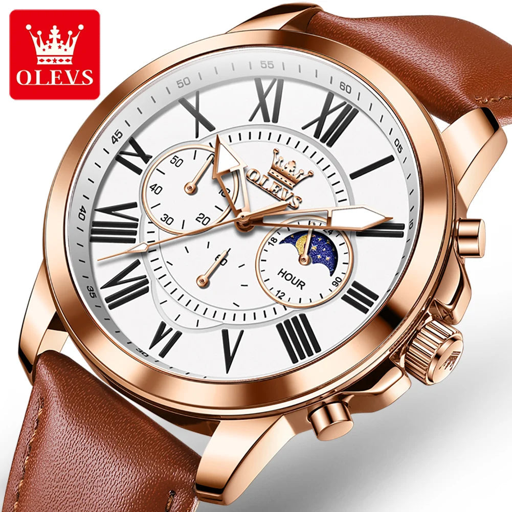 OLEVS 3632 Men Watch Elegant Luxury Sport Quartz Watch Scale Waterproof Luminous Automatic Date Moon Belt Watch Gifts Original luxecrown.co.uk