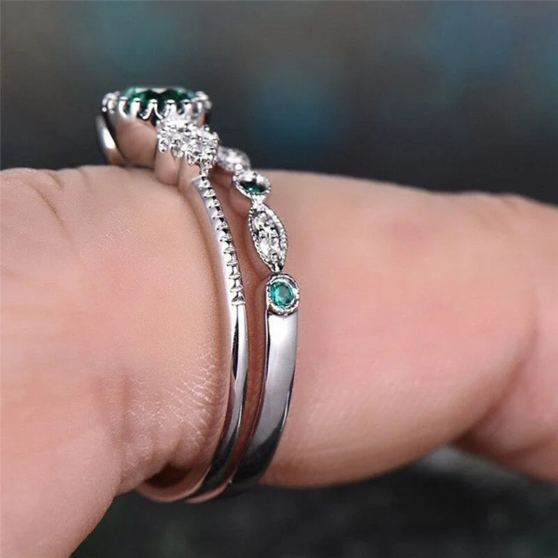 925 Sterling Silver Ring Set with Emerald Zircon Crystals for Women Engagement Wedding Glamour Jewelry Gifts Streetsharks