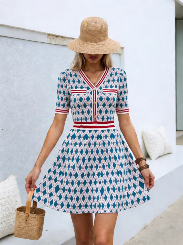Women's V-Neck Short Sleeve Knit Dress Geometric Argyle Print Contrast Trim Flare Mini Dress Casual Summer Daily Party Dress