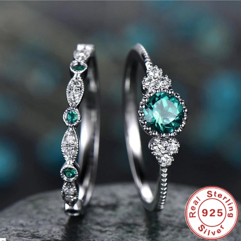 925 Sterling Silver Ring Set with Emerald Zircon Crystals for Women Engagement Wedding Glamour Jewelry Gifts Streetsharks