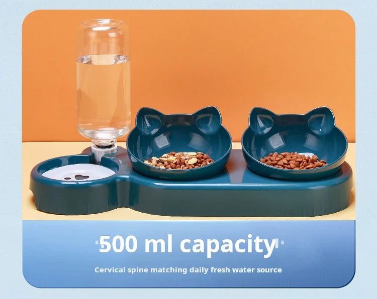 Pet Bowls With Water Feeder, 3 In 1 Ear Design Tilted Cat Water And Food Bowl Set With Gravity Water Bottle For Neck Protection luxecrown.co.uk