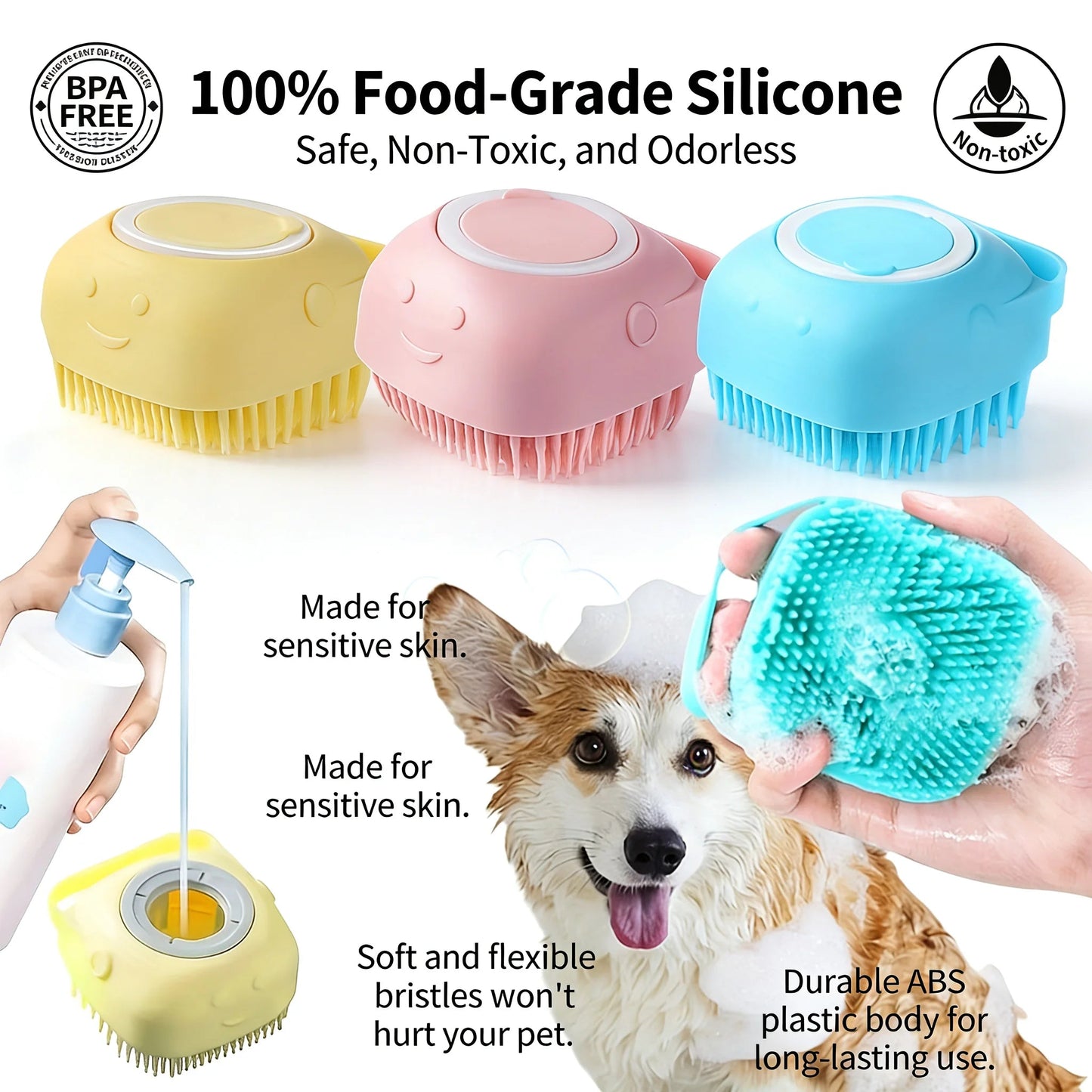 2-In-1 Pet Bath & Massage Brush With Shampoo Storage Silicone Dog Cat Grooming Tool For Puppy Kitten Sensitive Skin luxecrown.co.uk