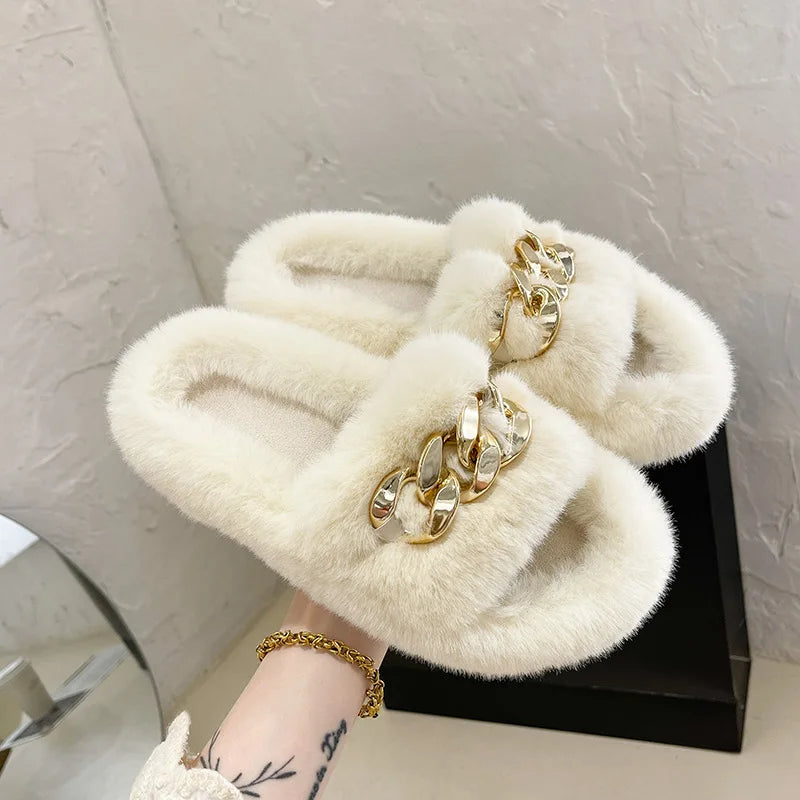 Fashion Faux Fox Fur Slippers Women Spring Autumn Fluffy Slides Ladies Peep Toe Fur Shoes Flat Large Size Furry Soft House Shoes luxecrown.co.uk