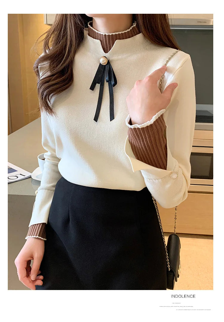 Autumn Winter Sweater Sweet Bow Knitwears Long Sleeve Slim Pullovers Women Solid Knitted Sweater Korean Casual Base Layer Y2k