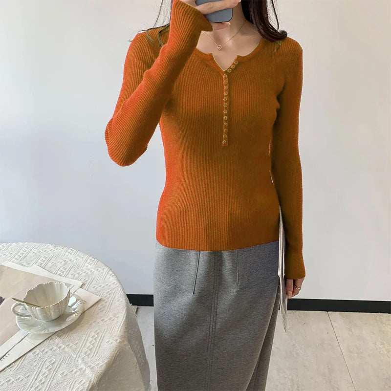 2026 Spring Autumn Basic Sweaters Knitted Women Sweater Button O-neck Pullovers Female Pullover Slim Solid Bold Stripes Tops