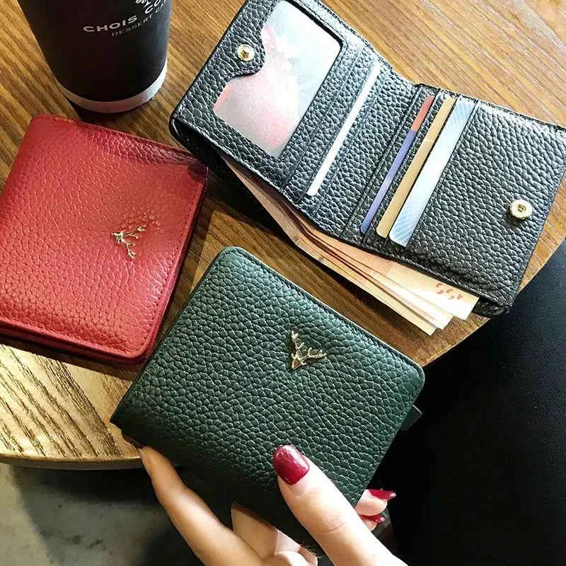 Cowhide Women's Purses Short Thin Small Wallet Chic Christmas Deer Button Ladies Genuine Leather Card Holder Wallet Coin Purse luxecrown.co.uk