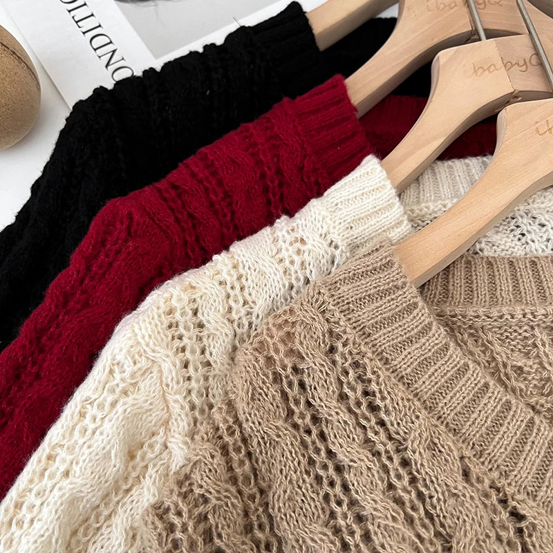 2026 New Autumn Winter Loose Casual Knitwear V-neck Long Sleeve Knitted Sweaters Twist Hollow Out Crochet Short Pullover Tops