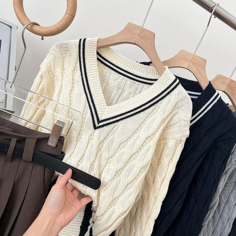 2026 New Autumn Winter Preppy Style Knitwear V-neck Long Sleeve Knitted Sweaters Twist Hit Color Striped Short Pullover Tops