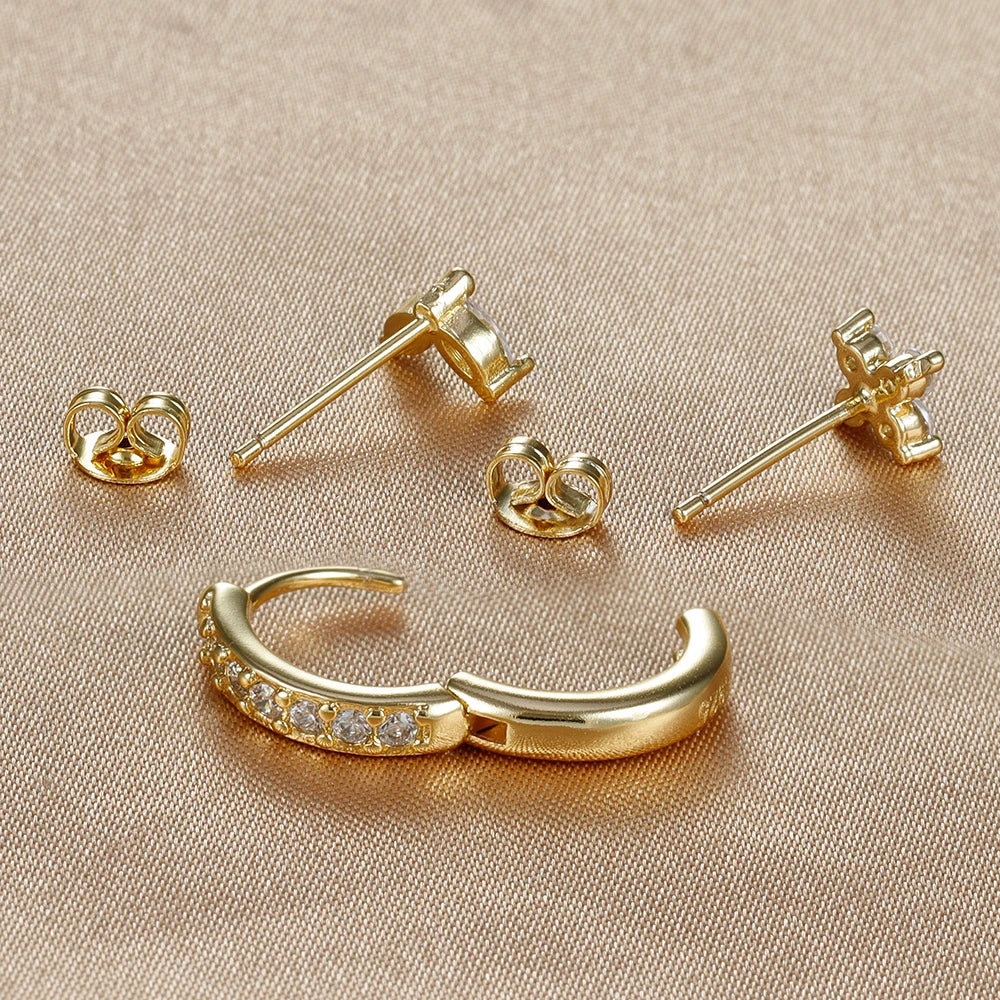 3PCS Stainless Steel Gold Color Circle Hoop Earrings Set for Women Simple Zircon Flower Stud Earring Cartilage Piercing Jewelry Streetsharks