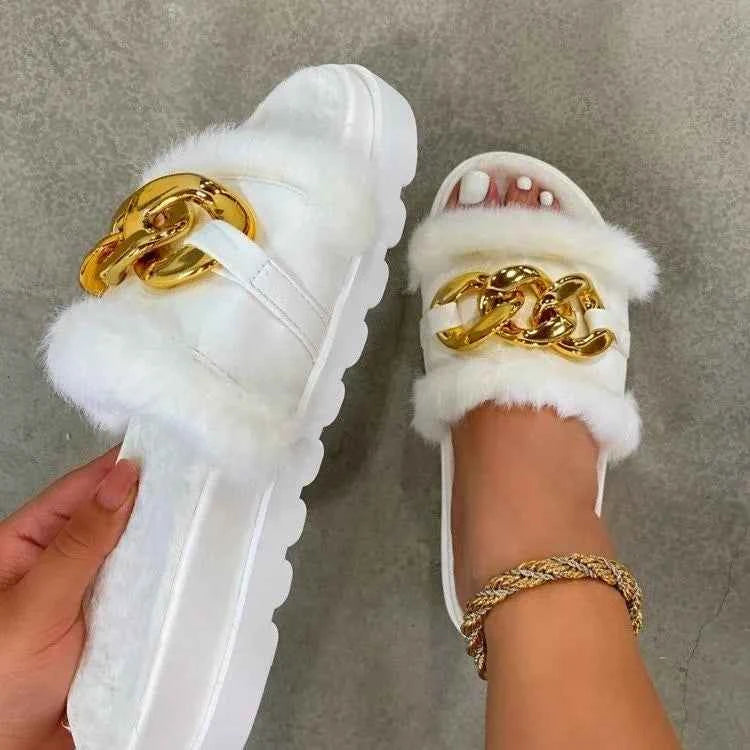 New round-toe thick-soled slip-on fuzzy slippers, lightweight furry slippers, plus-size with metal chain cotton slippers