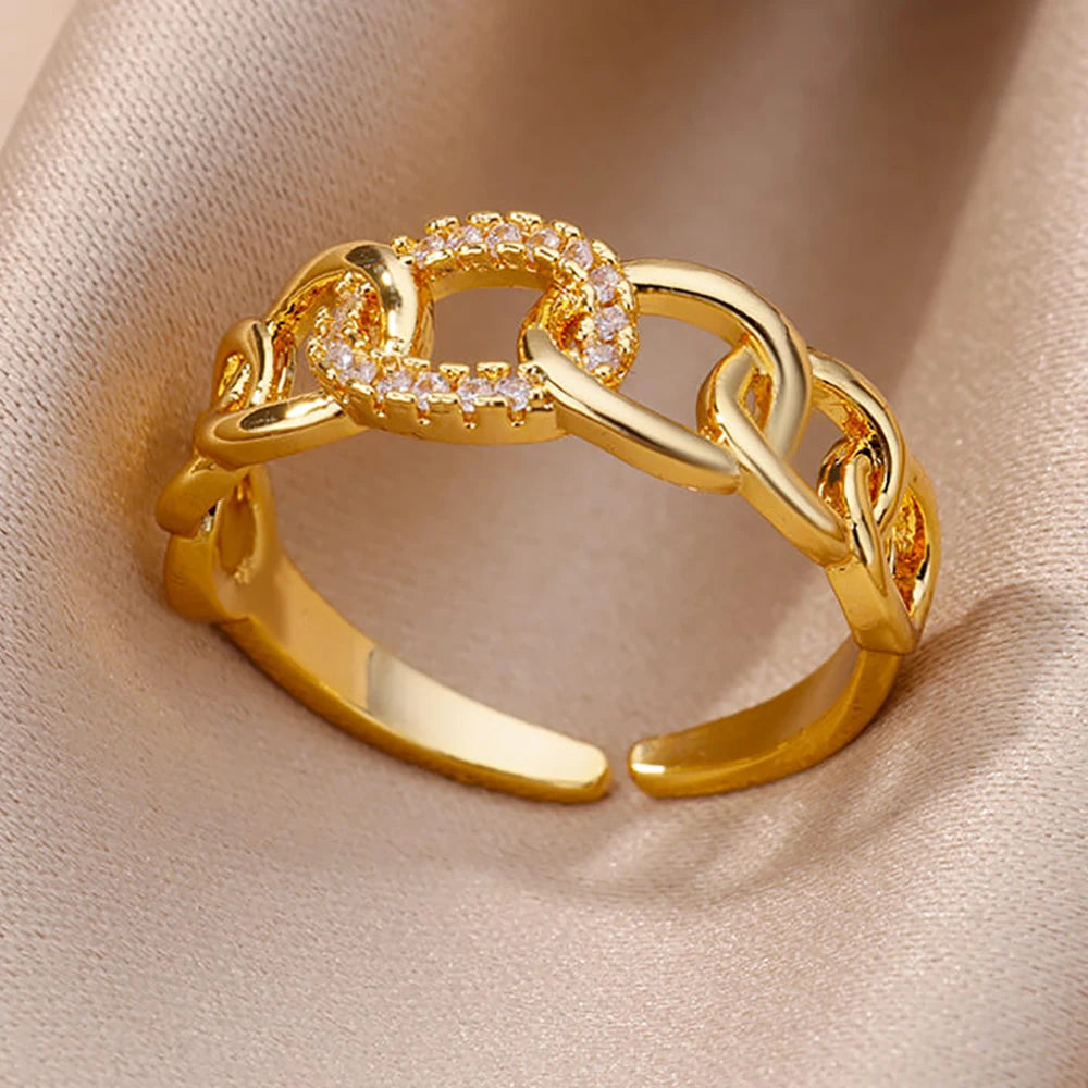 Fashion Gold Color Stainless Steel Rings For Women Chain Hollow Out Crystal Zircon Finger Ring Jewelry 2023 Gift anillos mujer Streetsharks