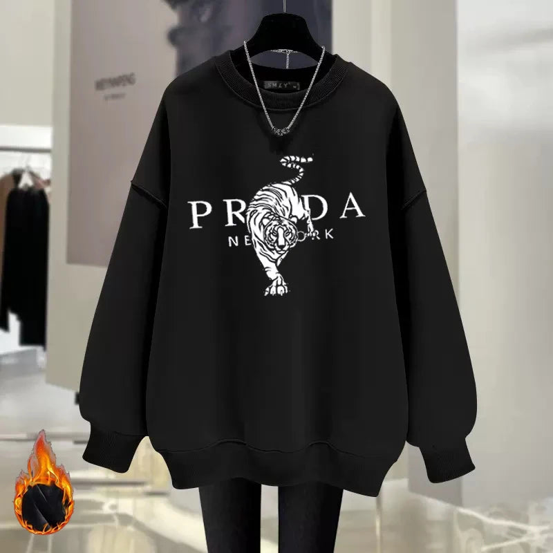 Luxury Brand Tiger Print Spring Autumn and Winter Fashion Loose Round Neck Pullover Sweater Women's Velvet Thicker Streetsharks