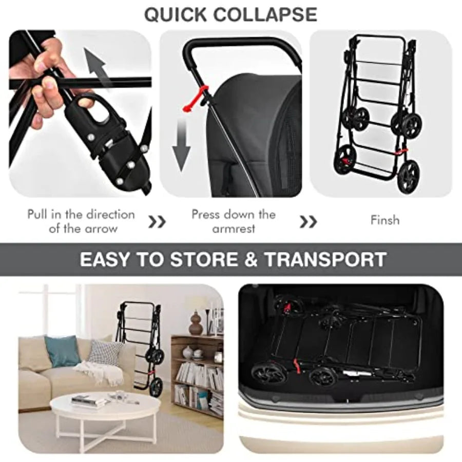 Pet stroller for travel and strolling; polyester fabric; black; double detachable carrier bags, safety belt, 4 lockable wheels, luxecrown.co.uk