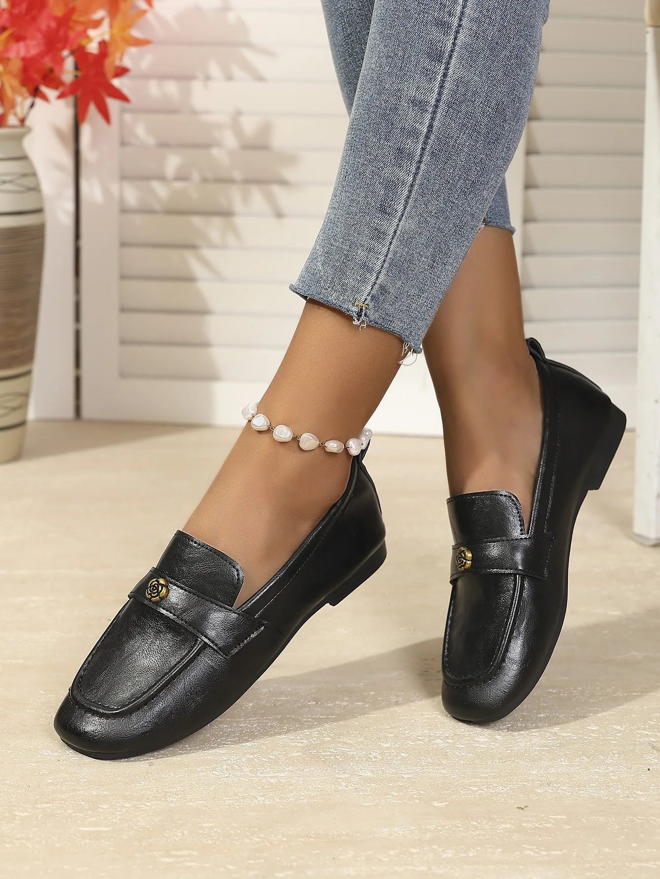 Women's Leather Flat Loafers with Gold-Tone Flower Accessory Round Apron Toe Low Block Heel Comfortable & Office Dress Shoes luxecrown.co.uk