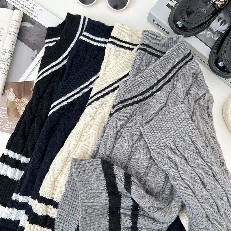 2026 New Autumn Winter Preppy Style Knitwear V-neck Long Sleeve Knitted Sweaters Twist Hit Color Striped Short Pullover Tops