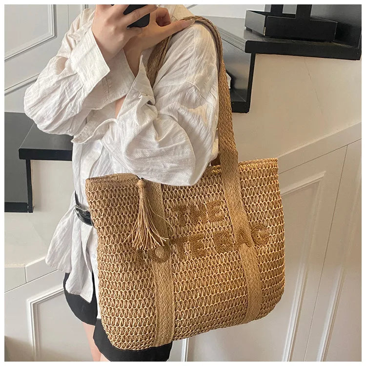 French Style Large Capacity Woven Straw Woven Bag for Women New Beach Vacation Shoulder Bag Casual Commuting Tote Bag Purse luxecrown.co.uk