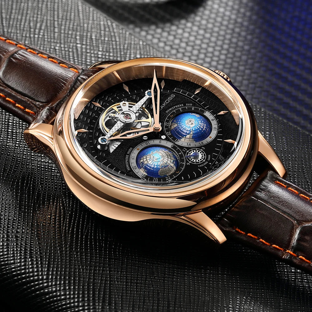 SEAKOSS Male Dual Earth Rotating Mechanical Men's Watch Automatic Movement Waterproof Clock Pilots 1963 Flywheel Wristwatches