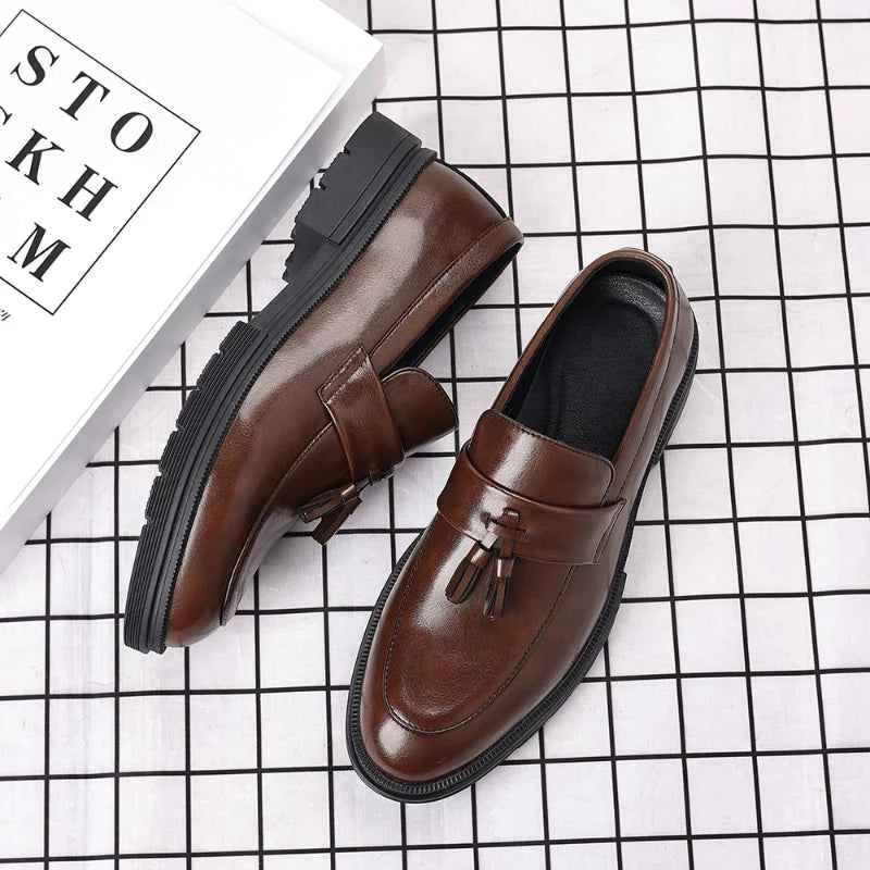 Mens Brown Genuine Leather Tassel Penny Loafers Slip On Chunky Sole Formal Dress Shoes Comfortable Non Slip For Business Office luxecrown.co.uk