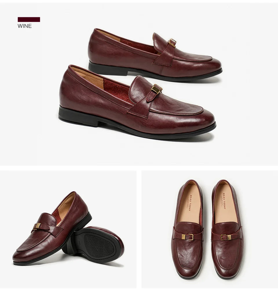 BEAUTODAY Loafers Women Cow Leather Waxing Round Toe Metal Buckle Strap Slip-on Flats Business Suit Ladies Shoes Handmade 26267 luxecrown.co.uk