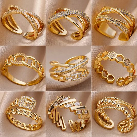 Fashion Gold Color Stainless Steel Rings For Women Chain Hollow Out Crystal Zircon Finger Ring Jewelry 2023 Gift anillos mujer Streetsharks