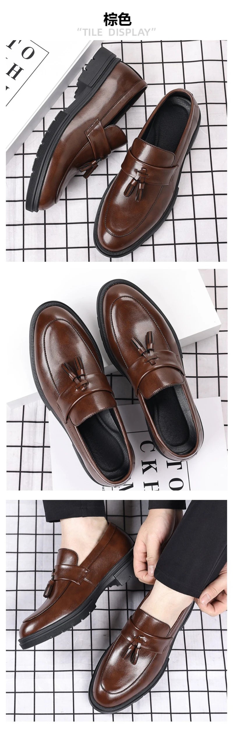 Mens Brown Genuine Leather Tassel Penny Loafers Slip On Chunky Sole Formal Dress Shoes Comfortable Non Slip For Business Office luxecrown.co.uk