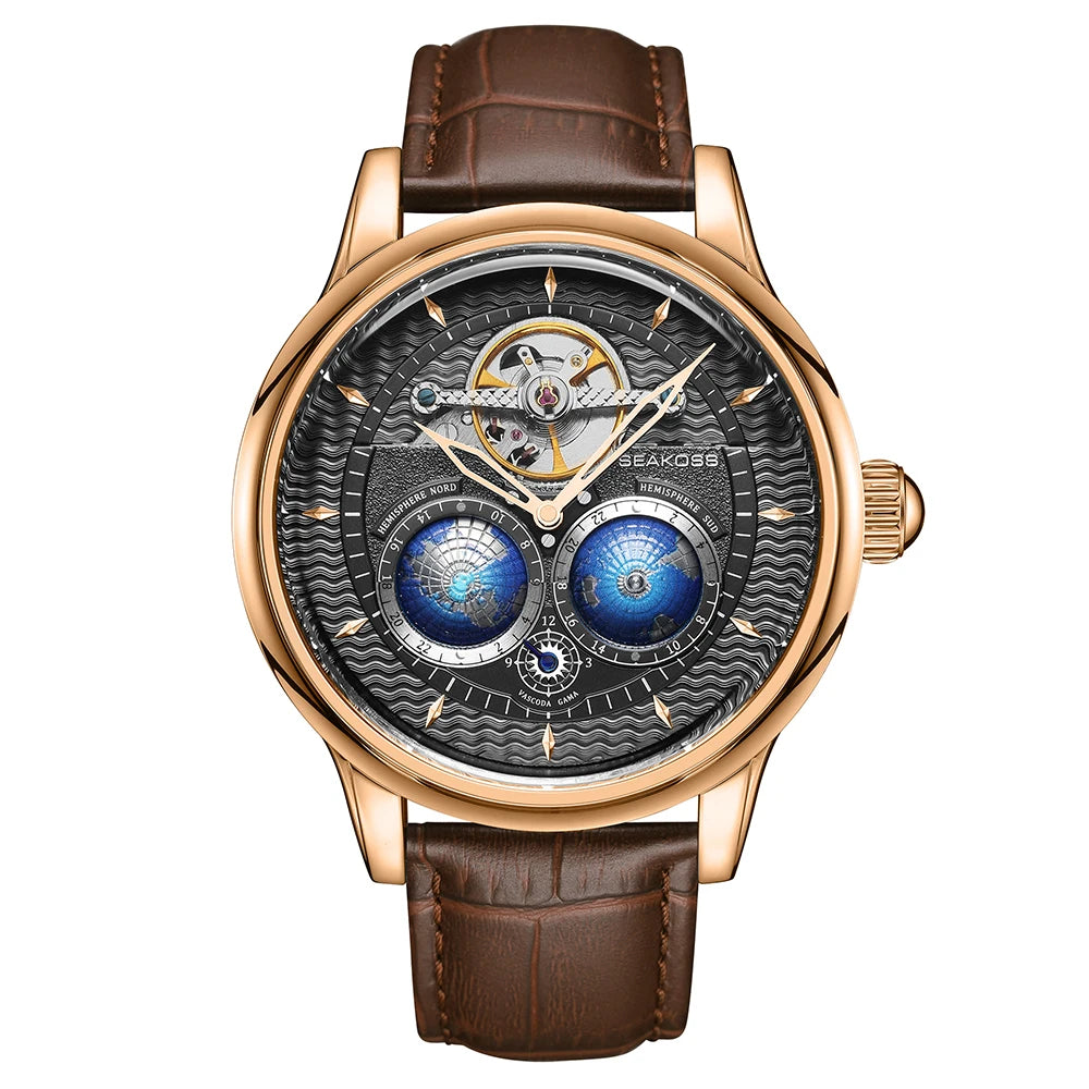 SEAKOSS Male Dual Earth Rotating Mechanical Men's Watch Automatic Movement Waterproof Clock Pilots 1963 Flywheel Wristwatches