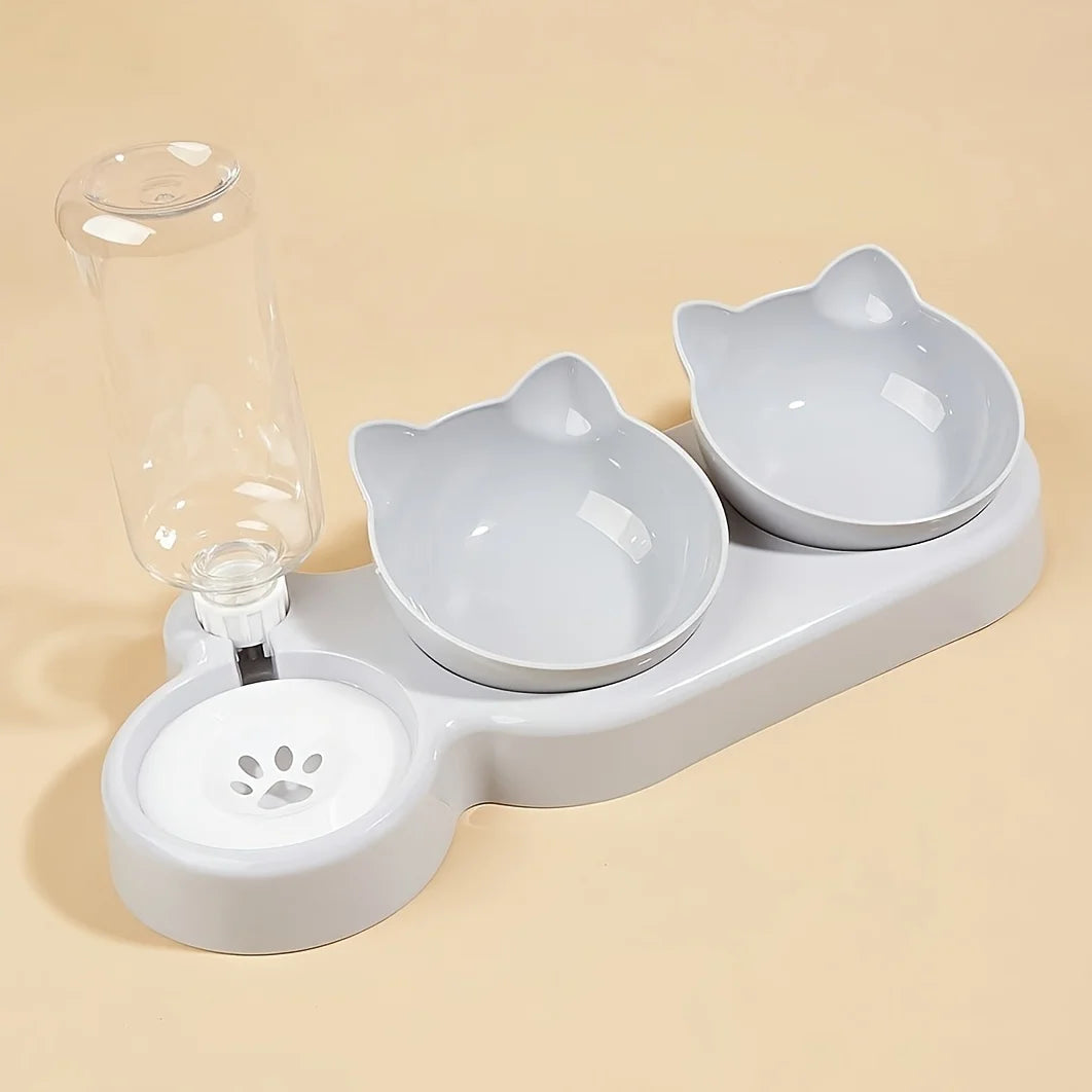 Pet Bowls With Water Feeder, 3 In 1 Ear Design Tilted Cat Water And Food Bowl Set With Gravity Water Bottle For Neck Protection luxecrown.co.uk