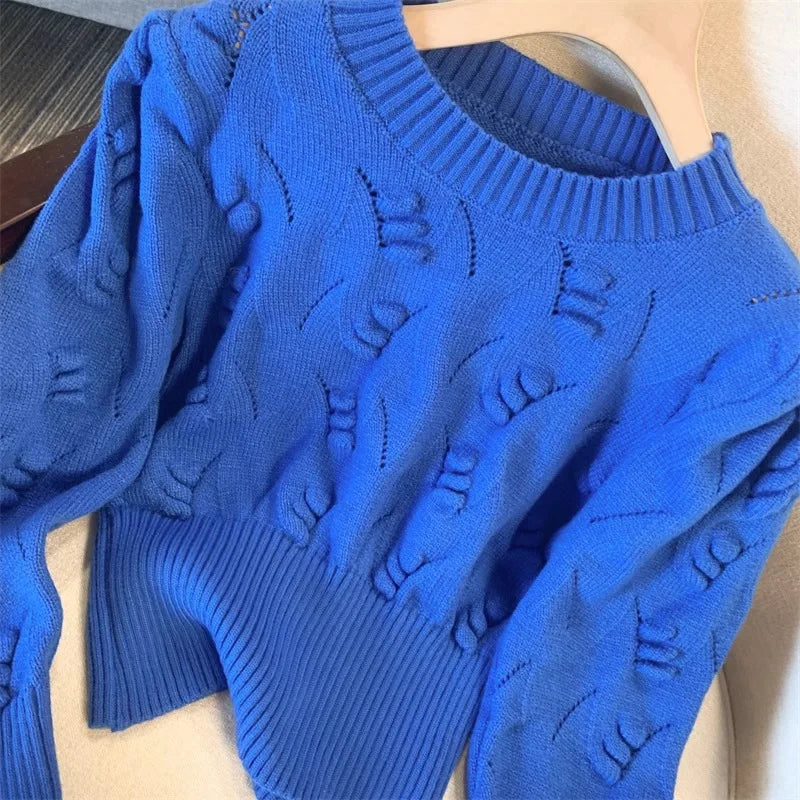 2026 New Autumn Winter Women O-neck Long Sleeve Knitted Sweaters Hollow Out Knitwear Crochet Solid Color Short Pullover Tops
