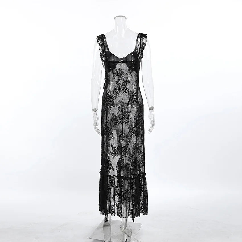 TARUXY Elegant Black Lace Sexy Dress Women's Summer New Perspective Hollow Out Slit V-Neck Straps Dress Female Party Club Dress